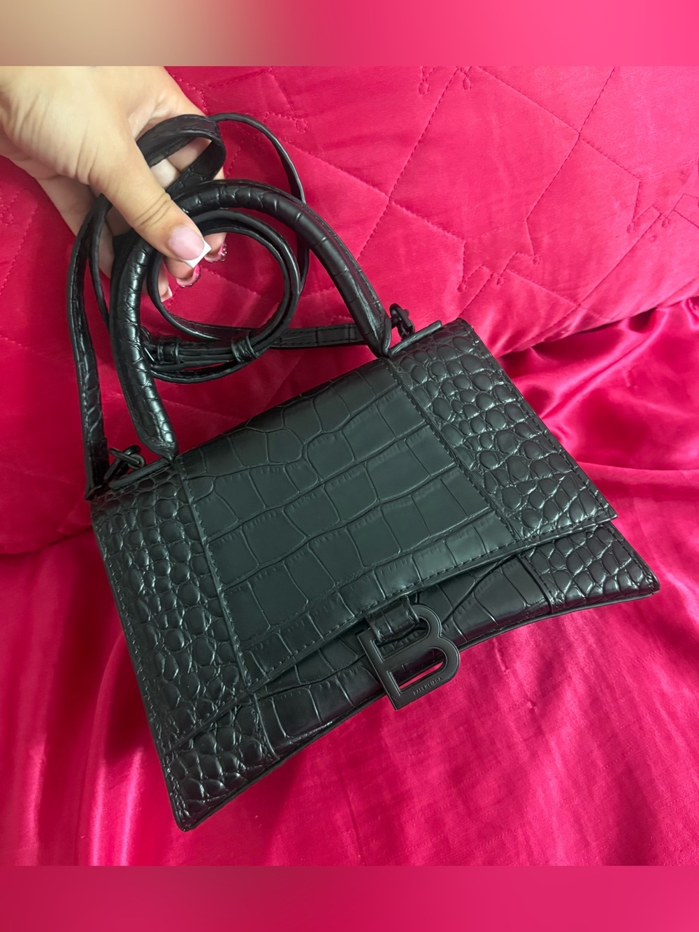 Authentic Balenciaga Hourglass Black Croc Handbag